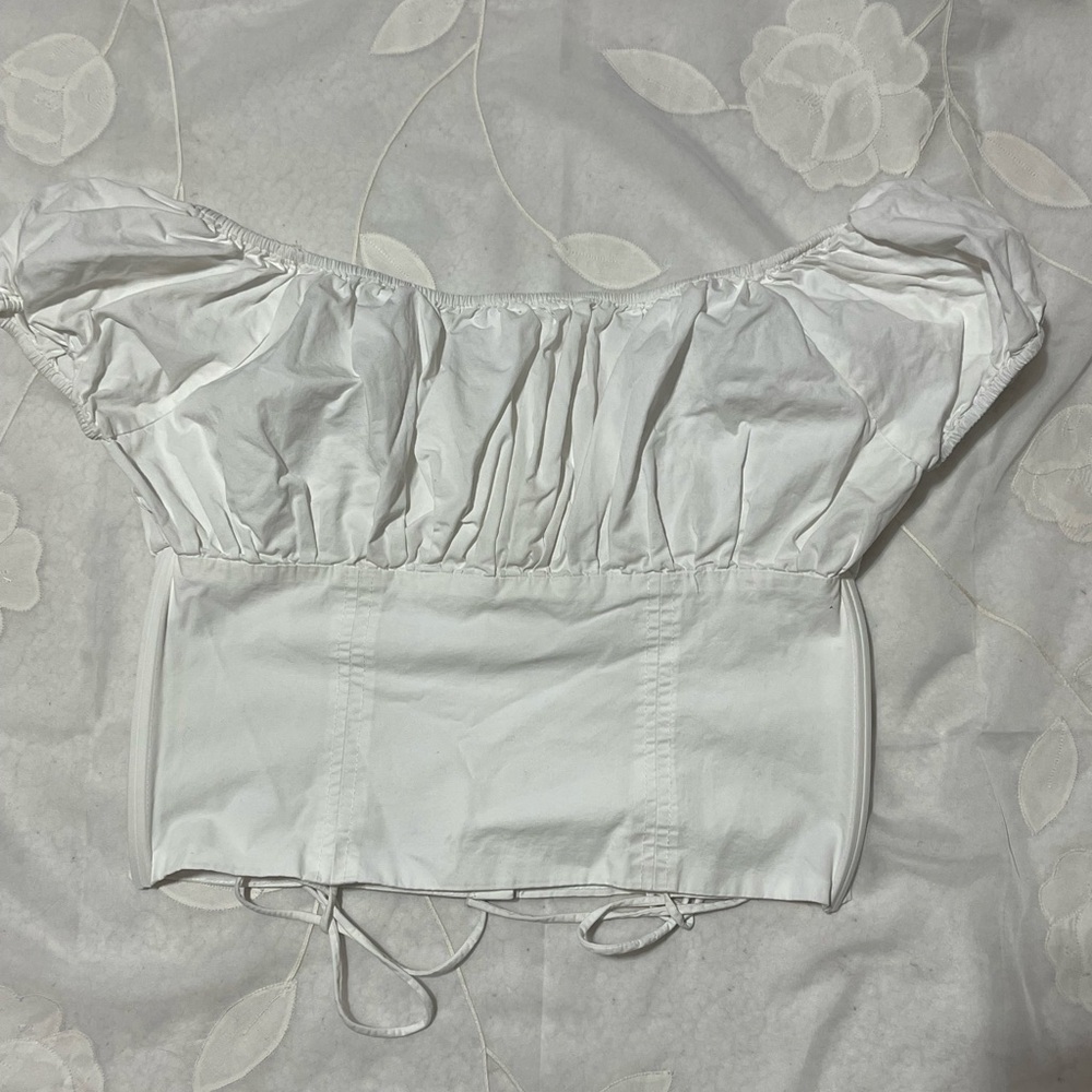 Commense White Puff Sleeve Drawstring Corset Crop… - image 7